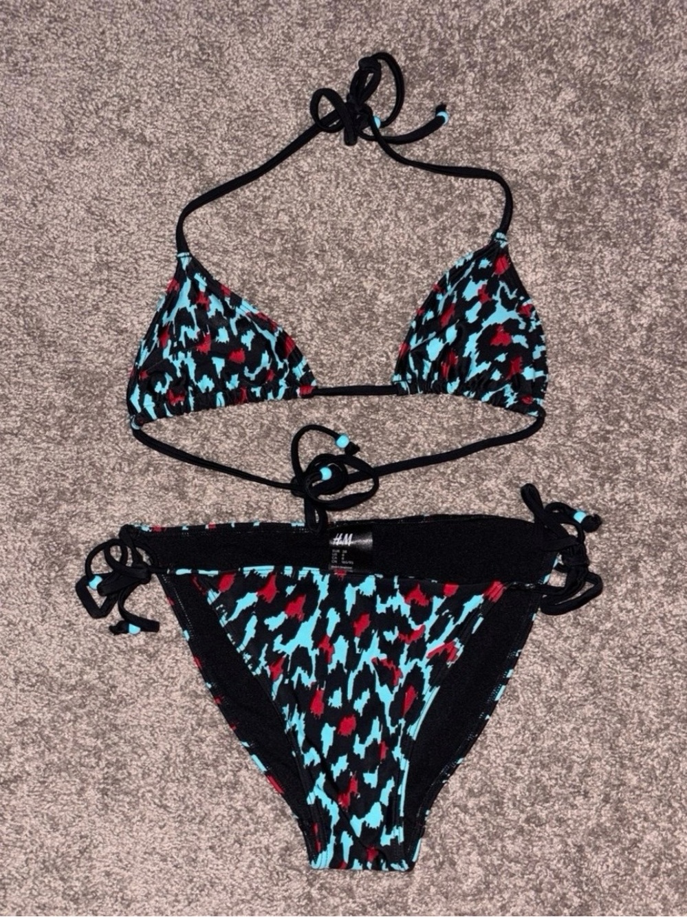 H&M Black Tie-Side Triangle Bikini with Blue & Red Leopard Print